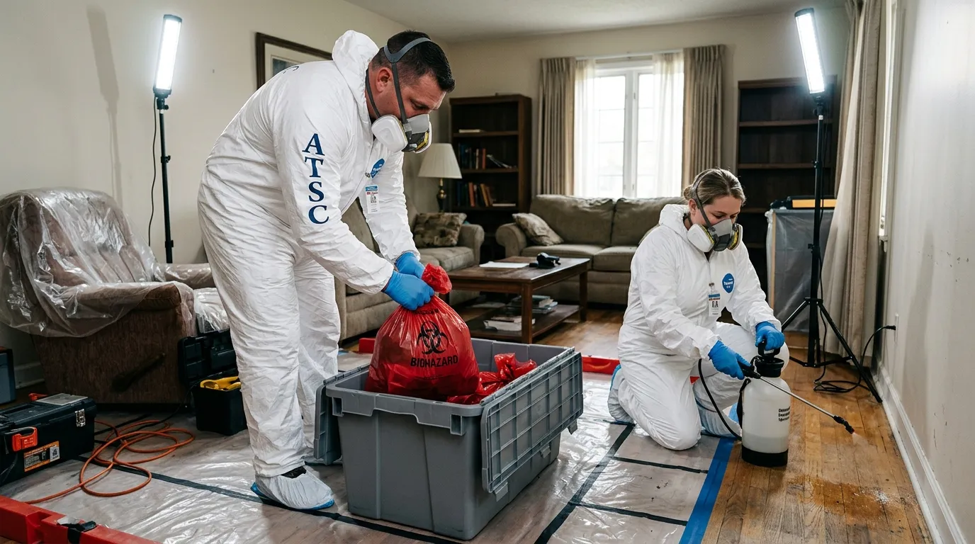 Professional Hoarding Cleanup technician in full PPE working in Sun Lakes